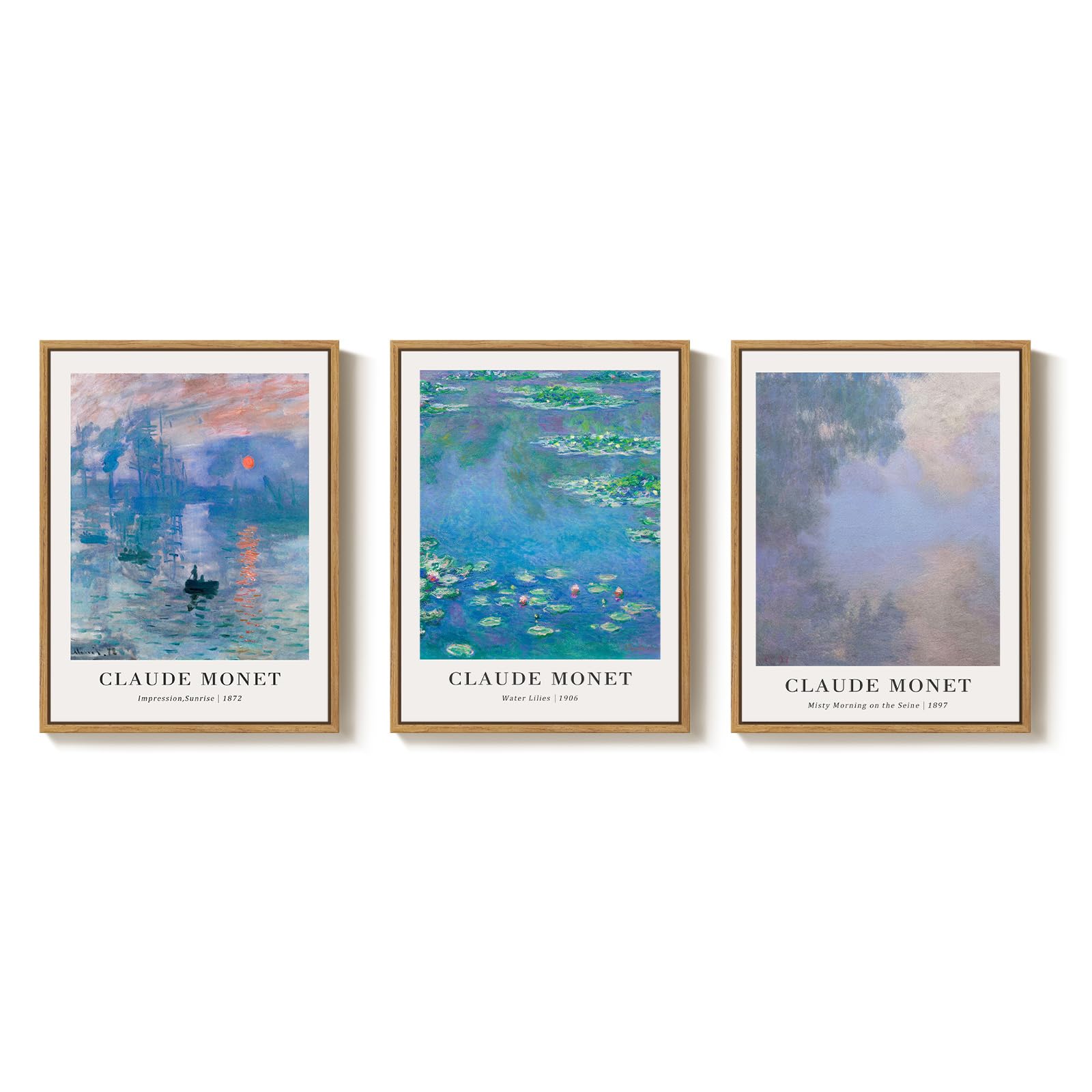 Framed Monet Wall Art Set of 3, Impressionist Sunrise Water Lilies and Misty River Landscape Prints, Vintage Claude Monet Canvas Artwork for Living Room Bedroom Hallway Office Decor, 12x16 Inch