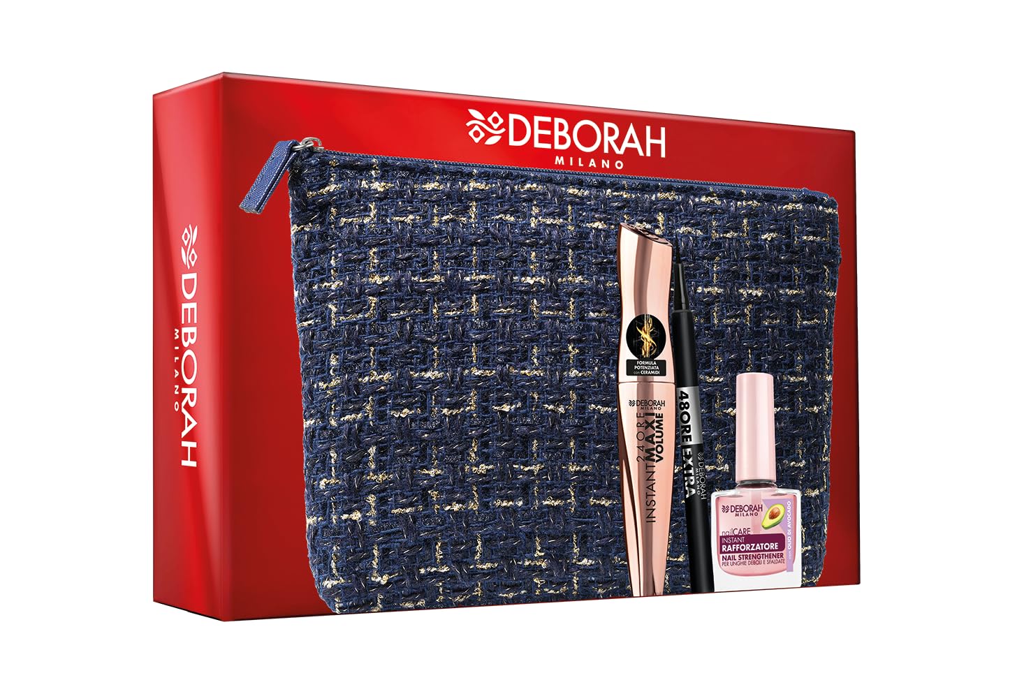 Deborah Milano - Set Regalo Donna Pochette Occhi, Include Mascara Instant Maxi Volume con Ceramidi, Eyeliner 48 Ore Extra Black e Smalto Trattamento Rafforzatore 8.5ml, n.6