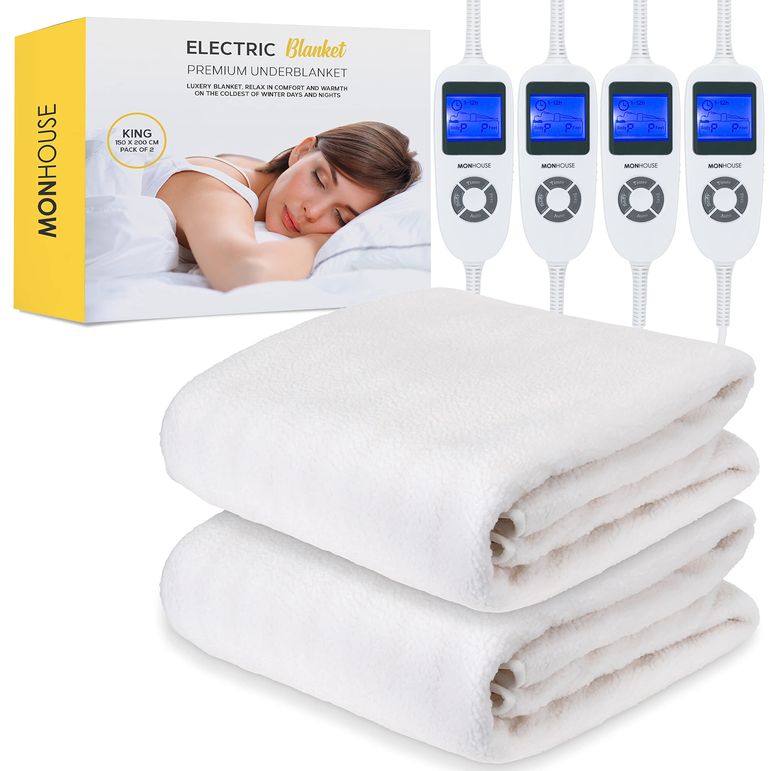 Monhouse Beige Premium Soft Fleece Electric Blanket - Heated Under Blanket - King 150X200cm - Fitted Heated Mattress Cover - Detachable & Machine Washable - Dual Controller Multi Zones, 9 Heat Settings