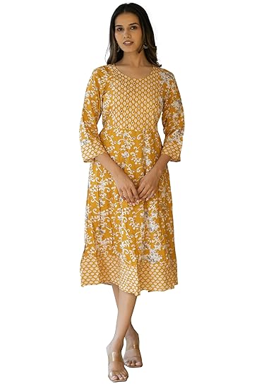 SOURBH Women's Anarkali Cotton Jaipuri Floral Printed Kurti Only (K10011-Mustard, White, Grey-3XL)