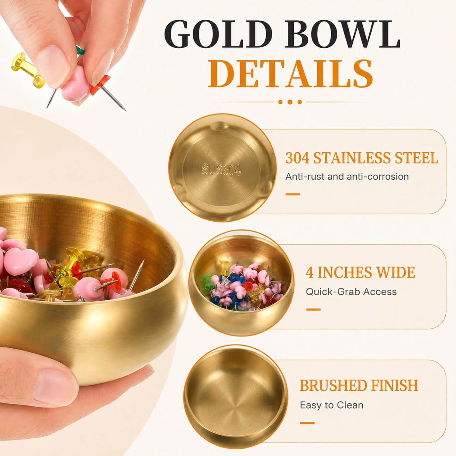 Gold Metal Catch All Tray, Small Stainless Steel Bowl for Keys Jewelry