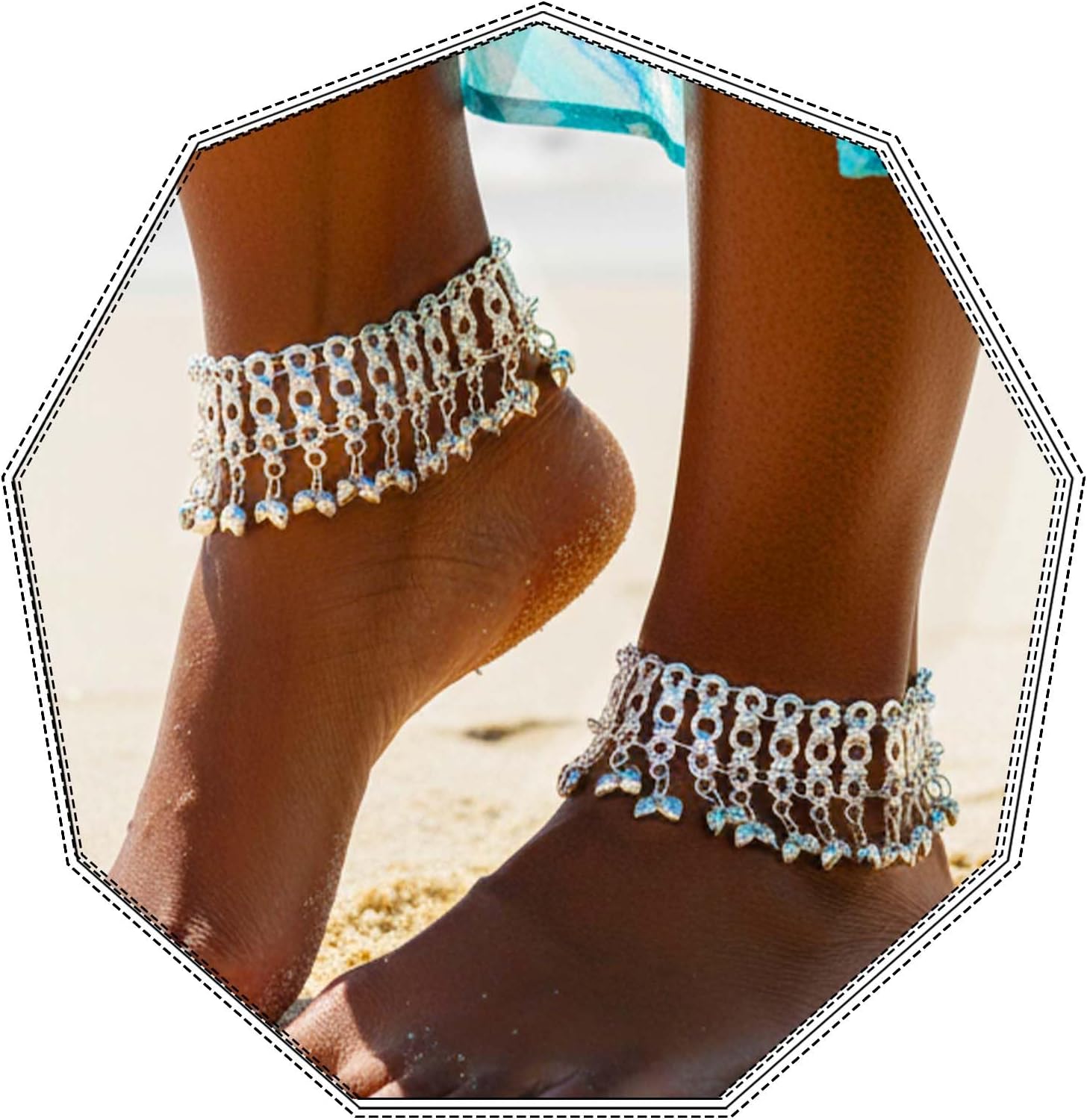 Boho Anklets Bracelets Silver Bell Beaded Indian Anklet Chain Tassel Beach Barefoot Sandals Foot Jewelry for Women（2Pcs）