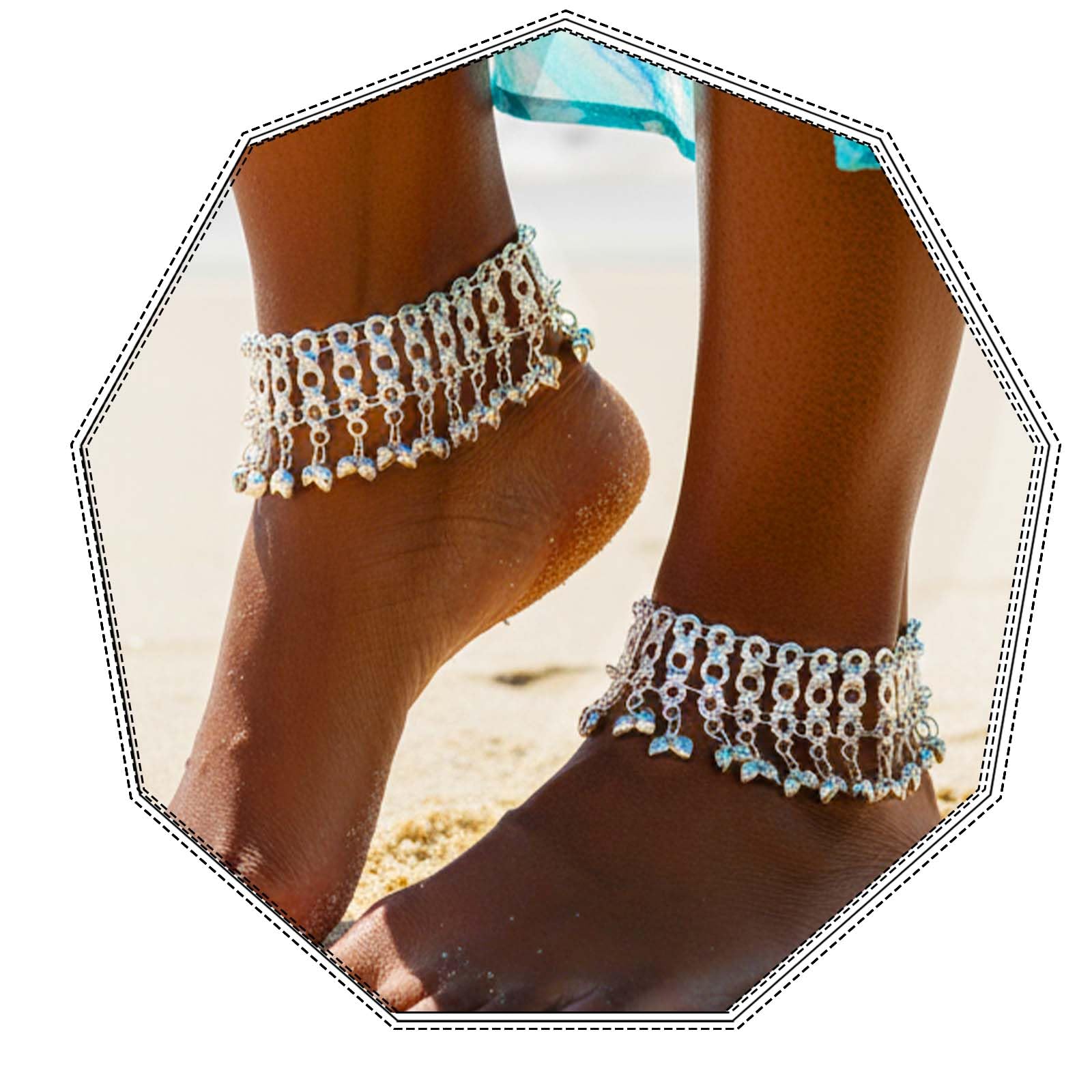 Yokawe Boho Anklets Bracelets Silver Bell Beaded Indian Anklet Chain Tassel Beach Barefoot Sandals Foot Jewelry for Women(2Pcs)
