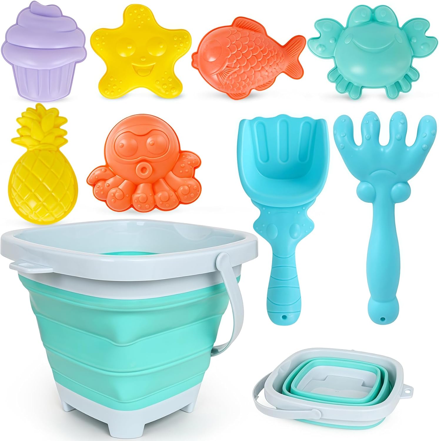 USATDD Beach Toys for Kids with Collapsible Bucket, Sand Molds Rake and Shovel, Collapsible Beach Bucket Travel Sand Toys for Toddlers Kids
