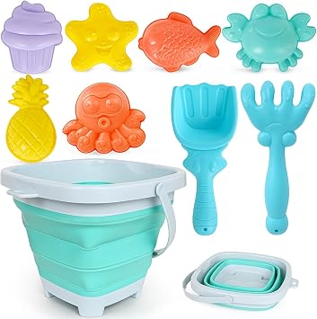 USATDD Beach Toys for Kids with Collapsible Bucket, Sand Molds Rake and Shovel, Collapsible Beach Bucket Travel Sand Toys for Toddlers Kids