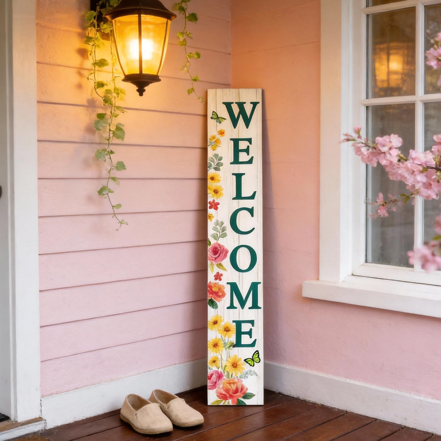 Welcome Sign for Front Door: 47" Wood Framed Spring Flower Decorations Porch Sigh with Hanging Rope, Farmhouse Hanging Standing Porch Leaner Signs for Home Outdoor