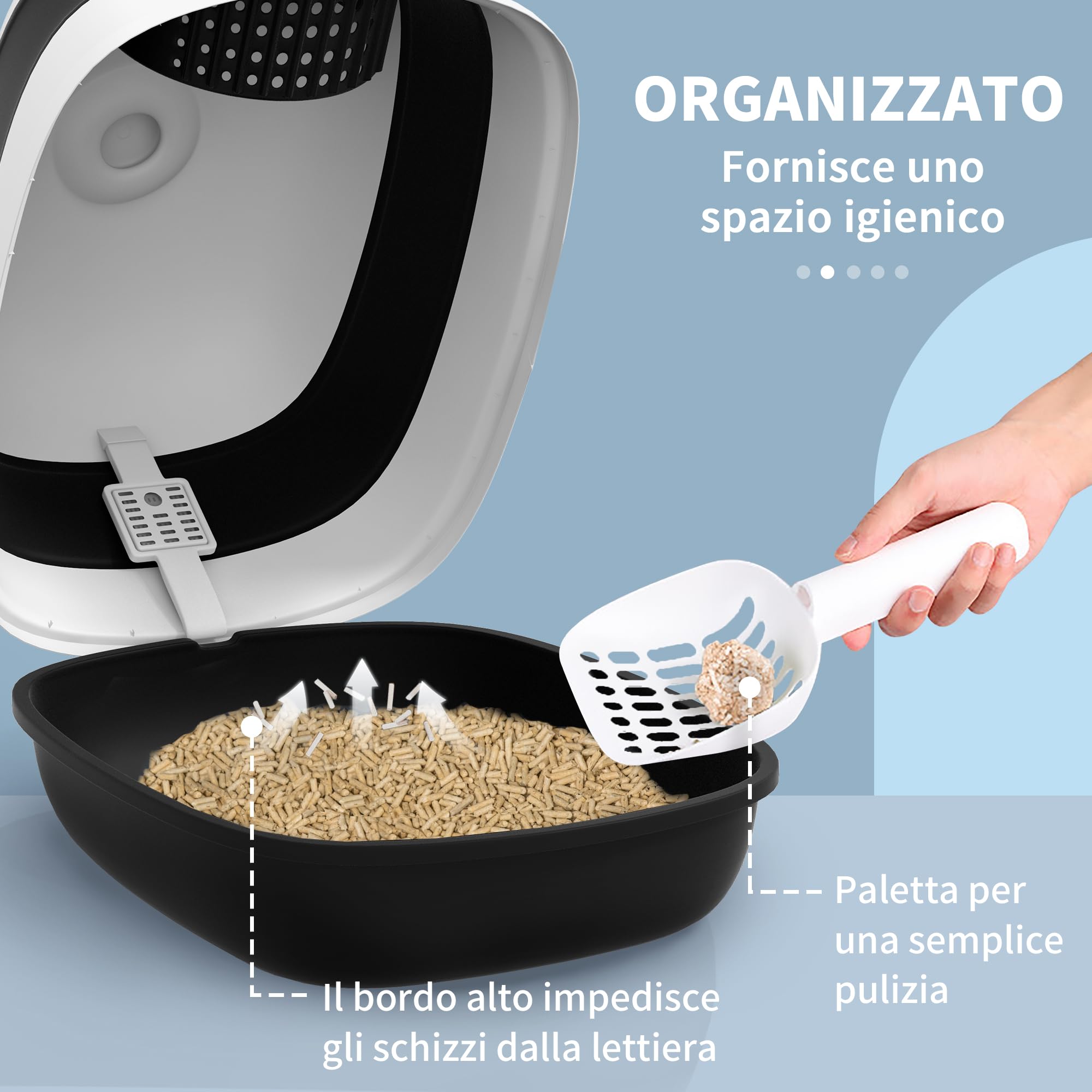 PawHut Lettiera per Gatti con Coperchio, Paletta e Deodorante Inclusi, Lettiera Chiusa con Design Pieghevole e Maniglia, in PP e ABS, 52x41x38 cm, Bianca e Nera