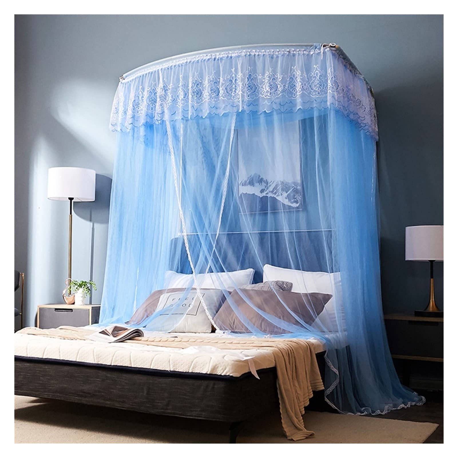 Moustiquaire lit baldaquin 4 coins carrés anti-insectes bleu