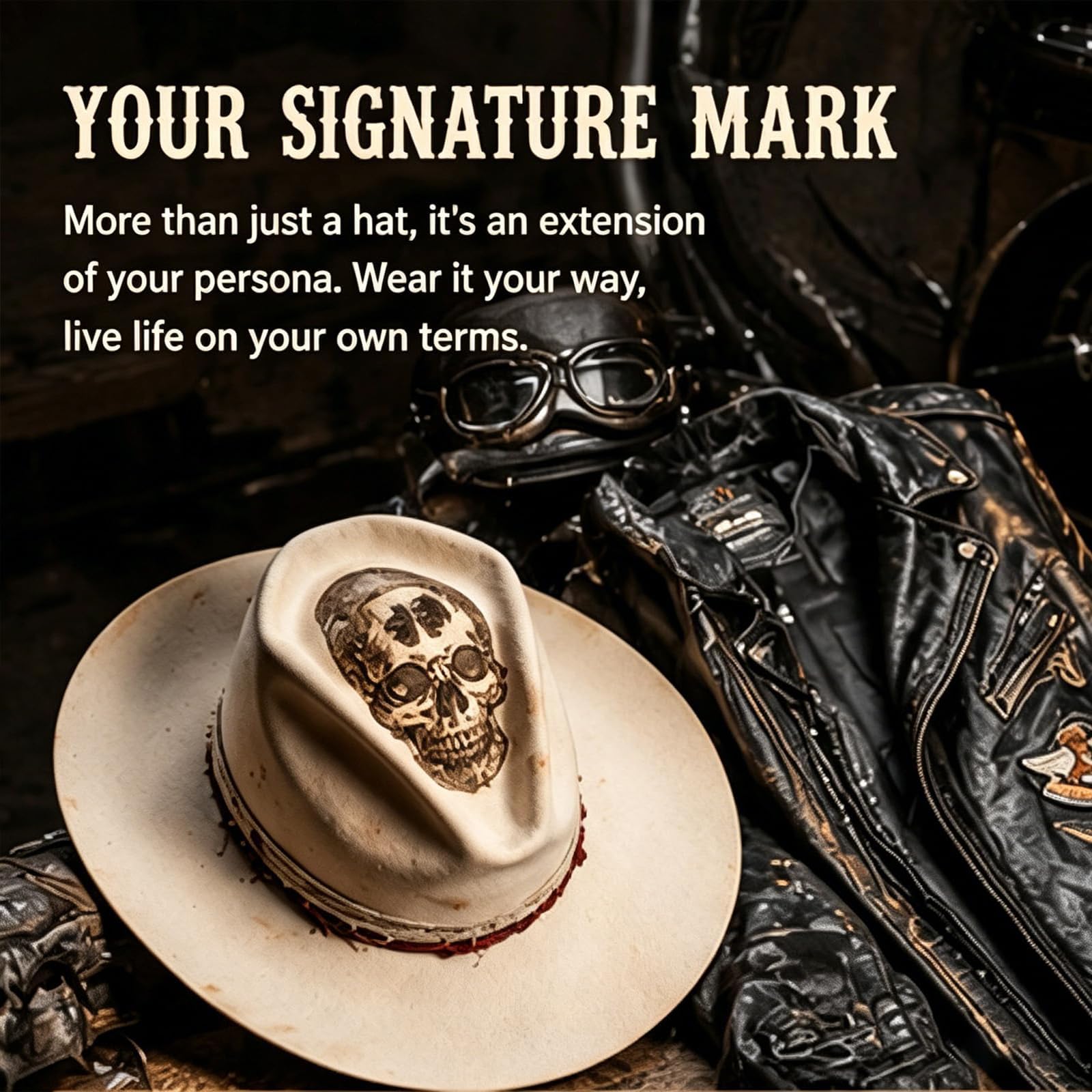 Generico Cappello da Cowboy con Teschio Hellfire Bianco Avorio, Cappello da Cowboy Western Invecchiato con Fascia con Teschio, Berretto a Tesa Larga per Uomo Donna, Copricapo da Motociclista