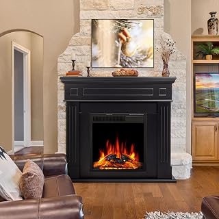 Electactic 43" Freestanding Electric Fireplace Mantel with Remote, Adjustable LED Flames, 750/1500W Heater, Black Wooden Frame