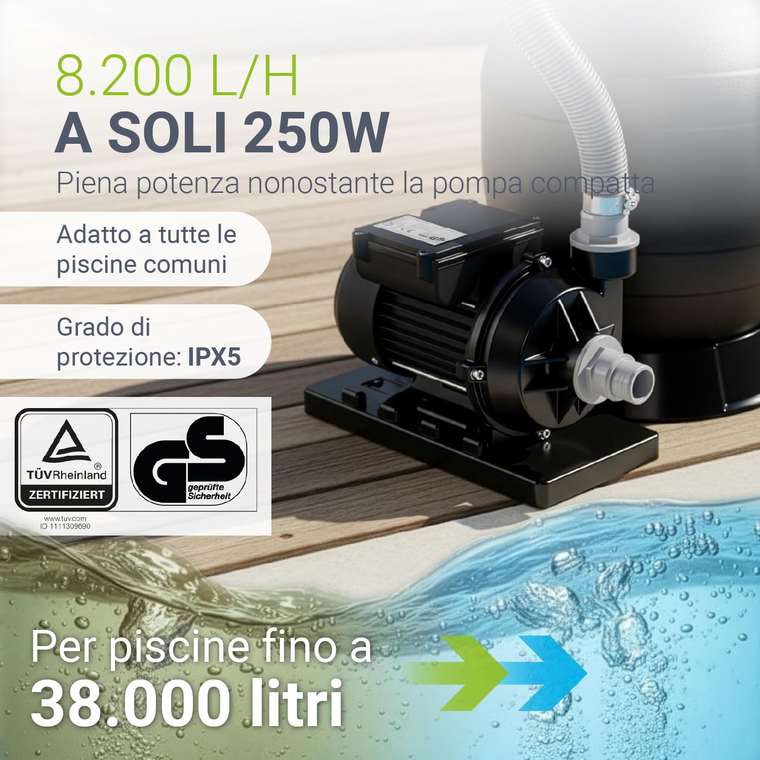 Juskys® Filtro a Sabbia 250 W - impianto Piscina ad Alte Prestazioni per 38.000 Litri, Sistema 7 Posizioni Struttura Durevole