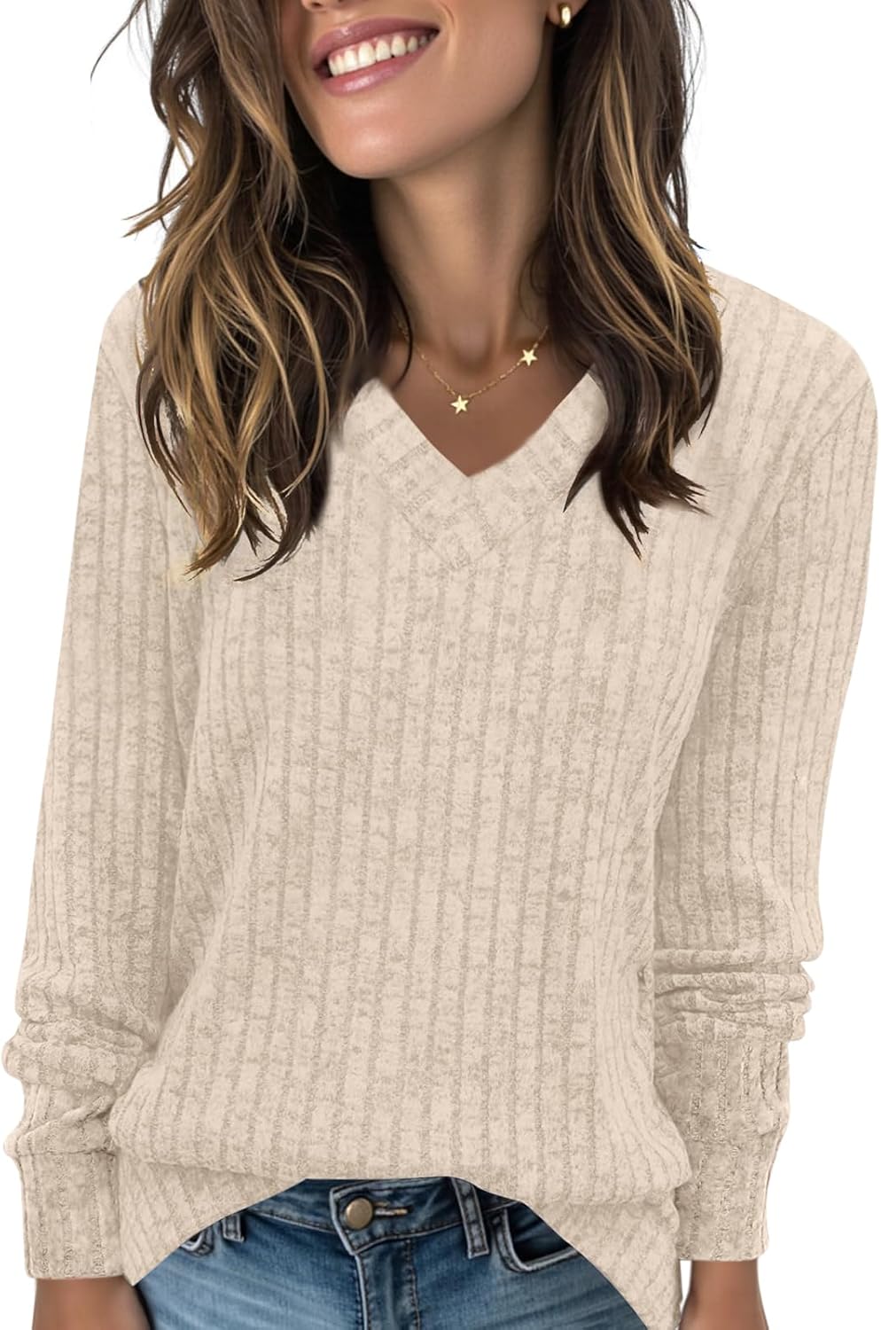 Long Sleeve Shirts for Women V Neck Loose Sweaters Casual Fall Tops Fashion Clothes 2025 Apricot Medium