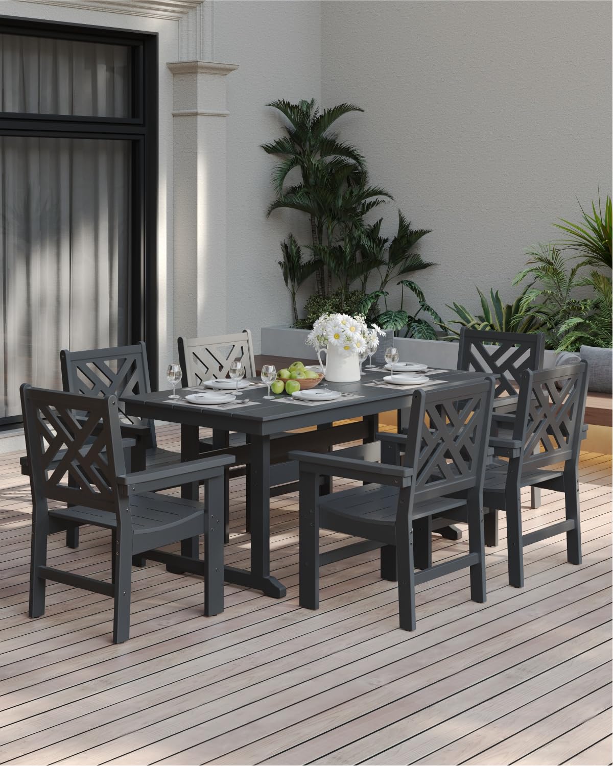 Juego de mesa y sillas de patio HDPE de 7 piezas, juego de comedor de plástico para todo tipo de clima para 6 personas (negro) 9