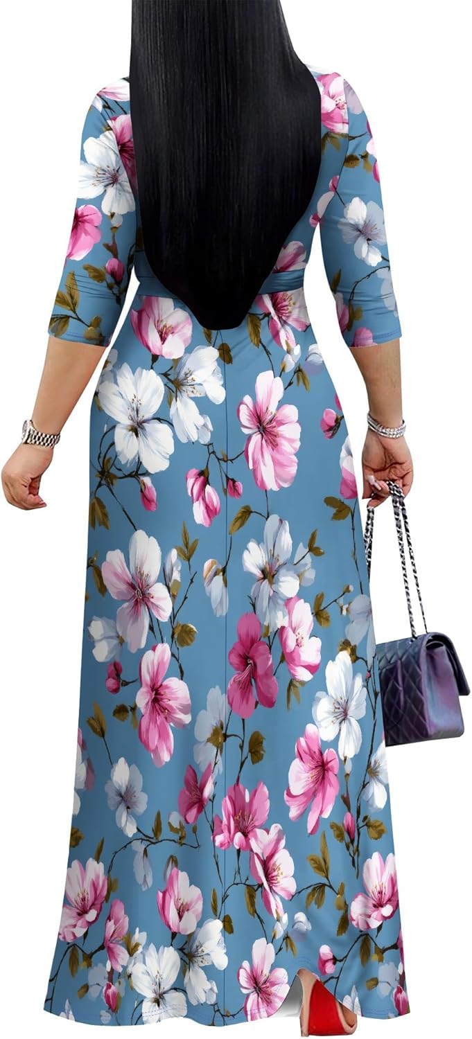 Women's Plus Size Maxi Dress with Pockets - V Neck 3/4 Sleeve Wrap Boho Floral Long Dresses - Image 4