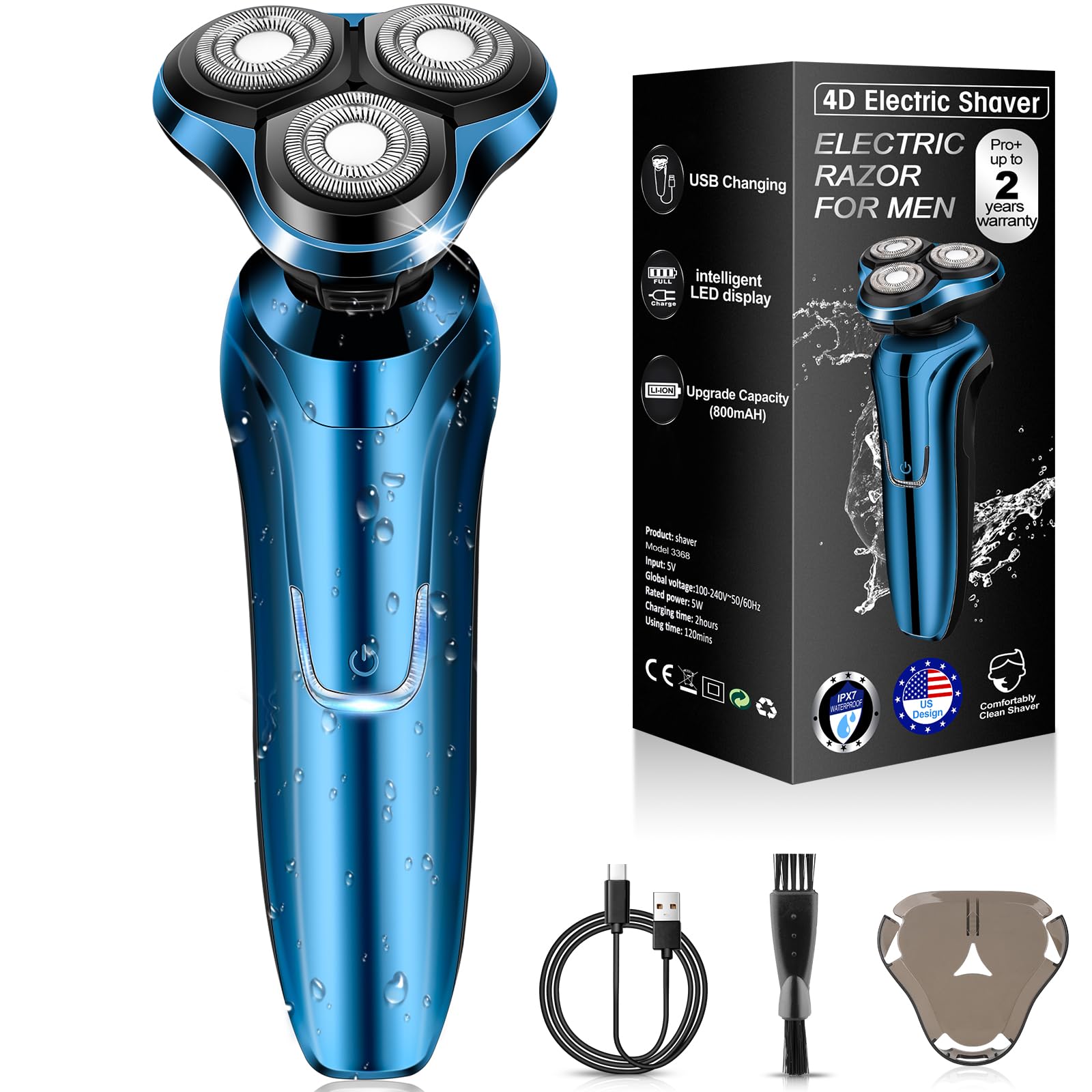 Electric Razor for Men, Cordless Rotary Electric Shaver, Rechargeable Wet &amp; Dry Waterproof Floating Head Shaver, 4D Face Shaving Grooming Tool, Travel Shaving Kit, Ideal Gift for Men（Blue