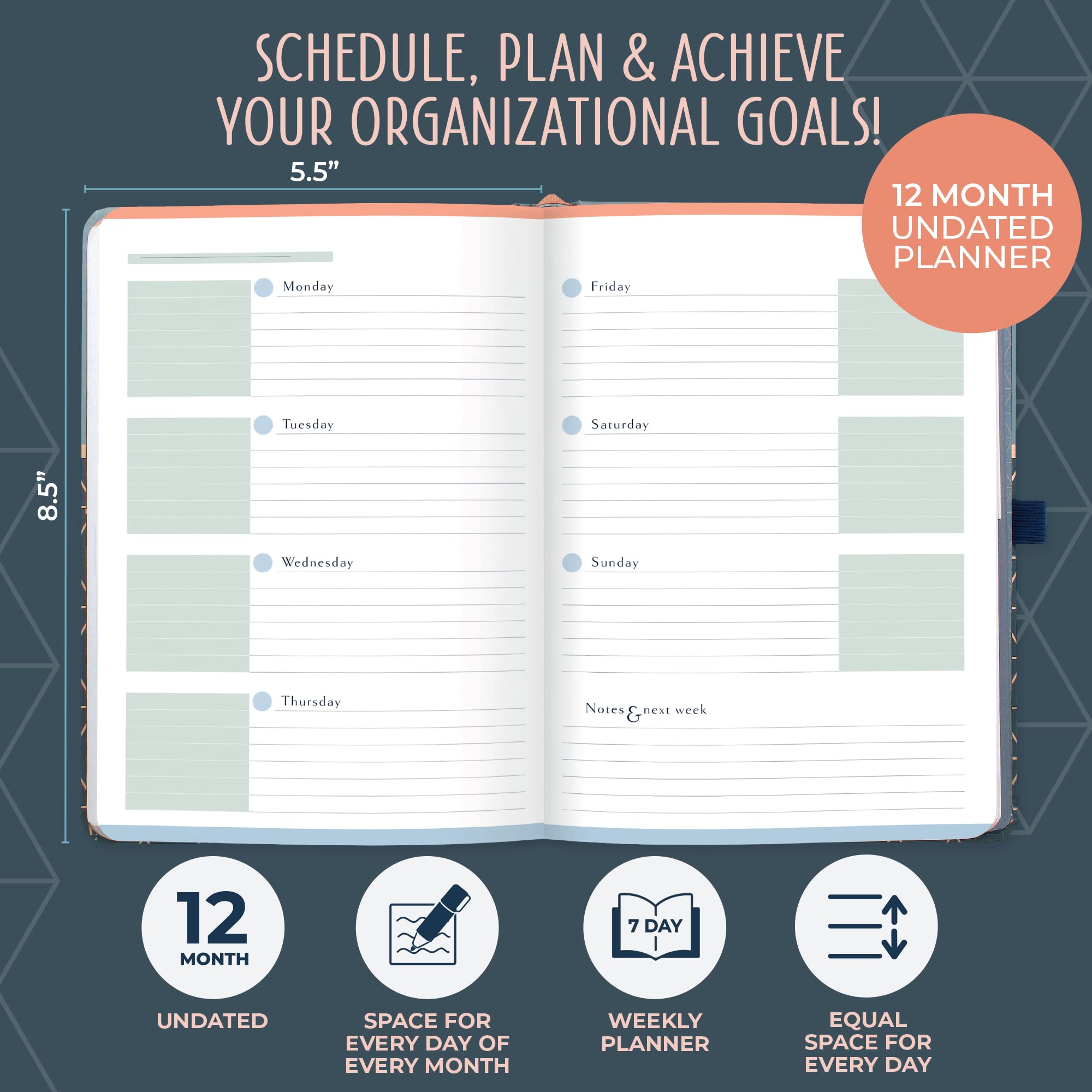 (In inglese) Agenda non datato Perfect Year Boxclever Press. Raggiungi gli obiettivi con la bellissima agenda senza date. Agenda settimanale 12 mesi con riepiloghi mensili, note e adesivi (Geometria)