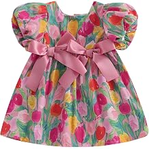 Toddler Infant Baby Girl Summer Outfit Floral Tulip Dress Bow Puff Sleeve Princess Dress Sundress Smocked Clothes