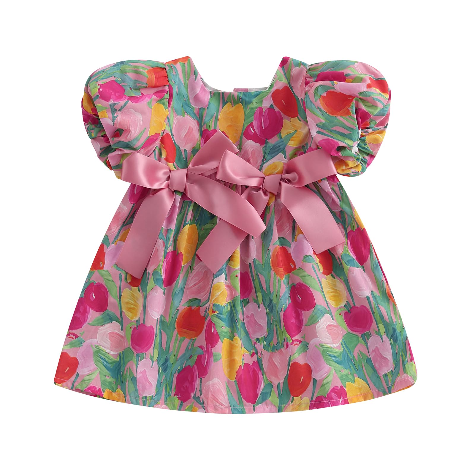 Toddler Infant Baby Girl Summer Dress Bow Puff Short Sleeve Sundress Floral Tulip Dress Cute Princess Clothes (Red, 9-12 Months)
