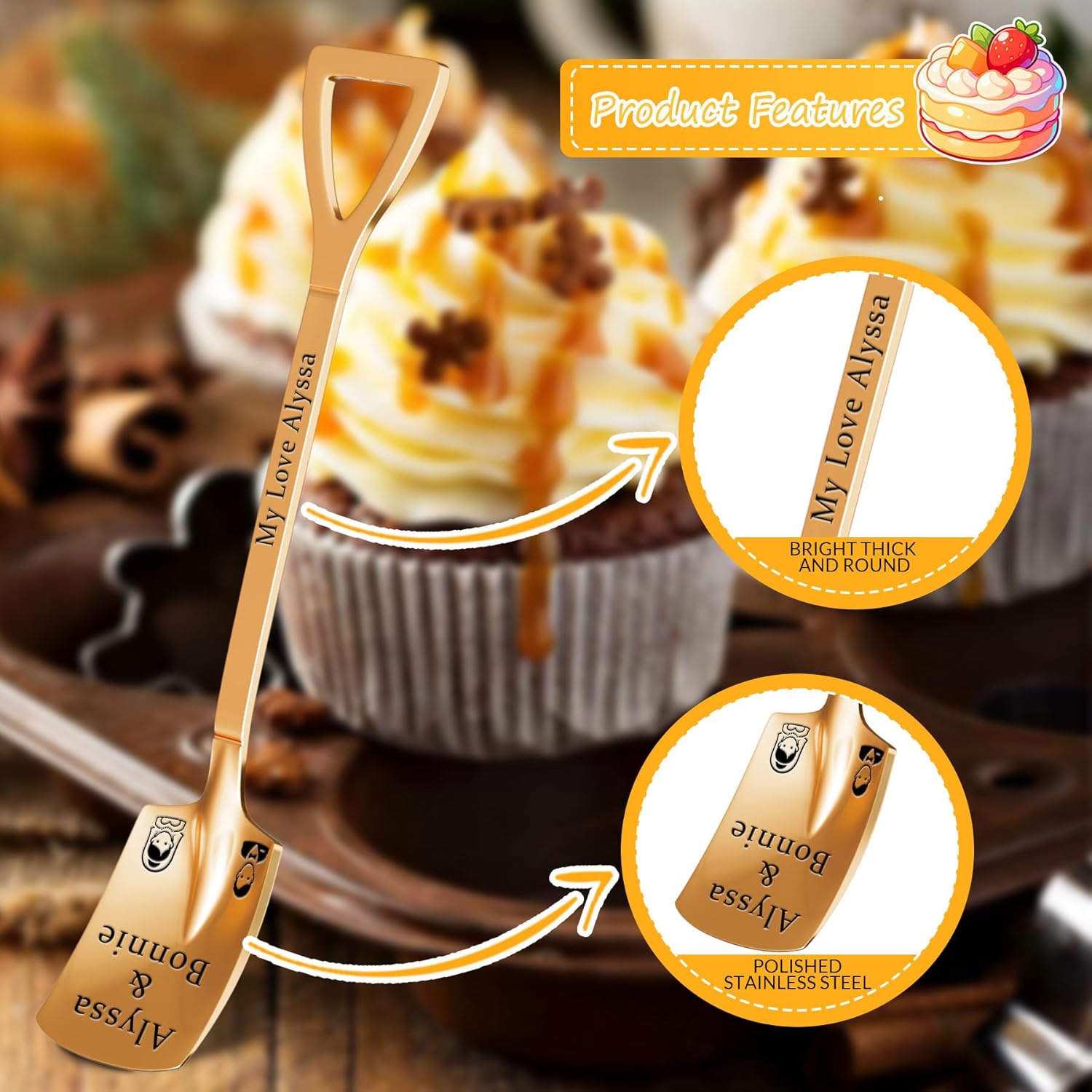 Custom Spoon 2 Pcs, Personalized Stainless Steel Ice Cream Shovel Engraved with Your Name/Message, Custom Gift for Mom Dad Lover, Customized Ice Cream Coffee Scoop for Anniversary (Rose Gold-Flat) - Image 2