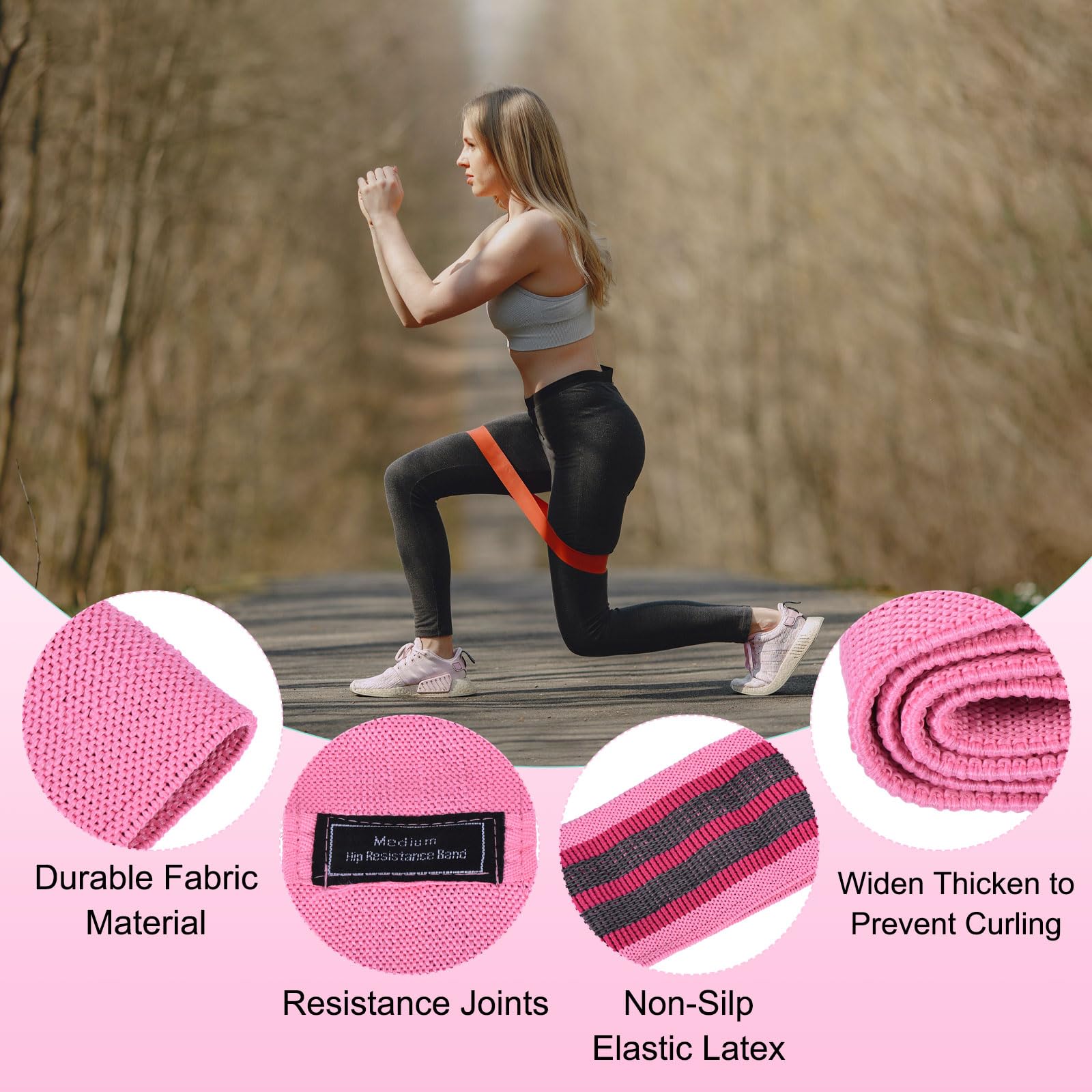 PATIKIL 12 fasce di resistenza antiscivolo per allenamento, in tessuto, elastiche, per esercizi di fitness, per donne e uomini, per gambe e fianchi, palestra, rosa (M)