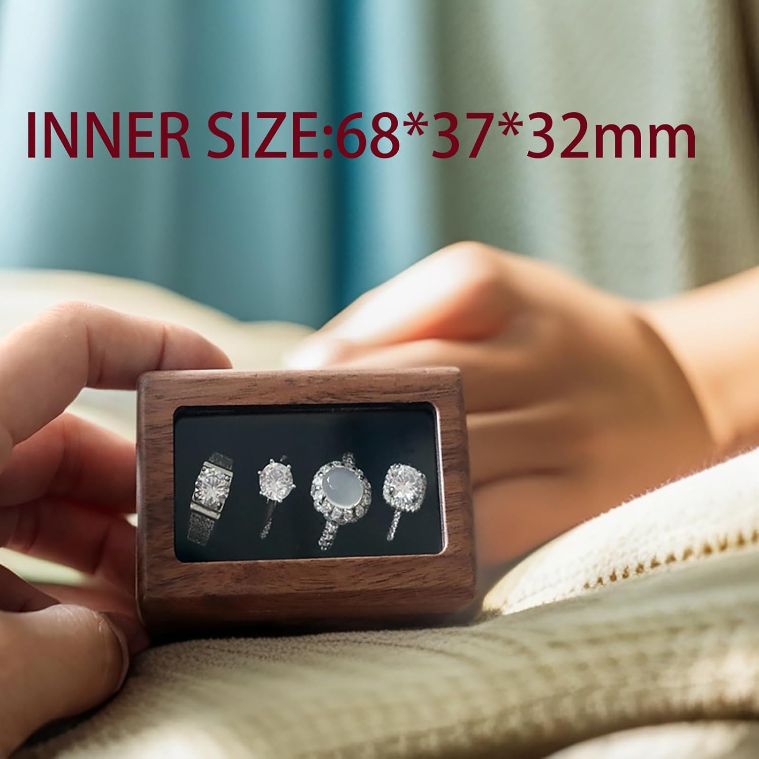 Walnut Wood Ring Box 4 Slot Glass Lid,Wedding Ceremony Ring Bearer Box with Clear Transparent Lid, Proposal Engagement Storage for many Rings, Unique Ring Gift Box for Her, four Slots - Image 4