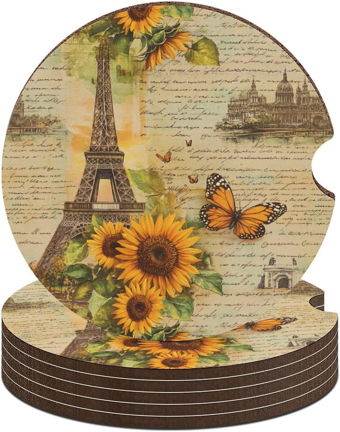 Vintage Eiffels Tower Paris British Car Cup Holder Coaster with Cork Base 2.6 Inches Anti Slip