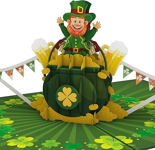 iGifts And Cards Tarjeta desplegable 3D de duende de oro, diseño festivo de celebración irlandesa para cumpleaños del día de San Patricio y buena