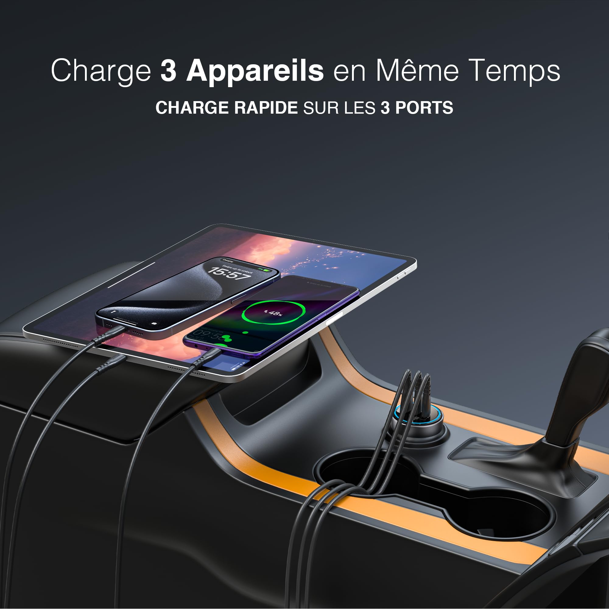 PORTENTUM Charger Allume Cigare USB C 200W Triple – Inclus Câble 100W USB-C – Charger Voiture – 2X USBC PD 100W + USBA QC 18W – Prise Allume Cigare 12V pour iPhone iPad MacBook Android