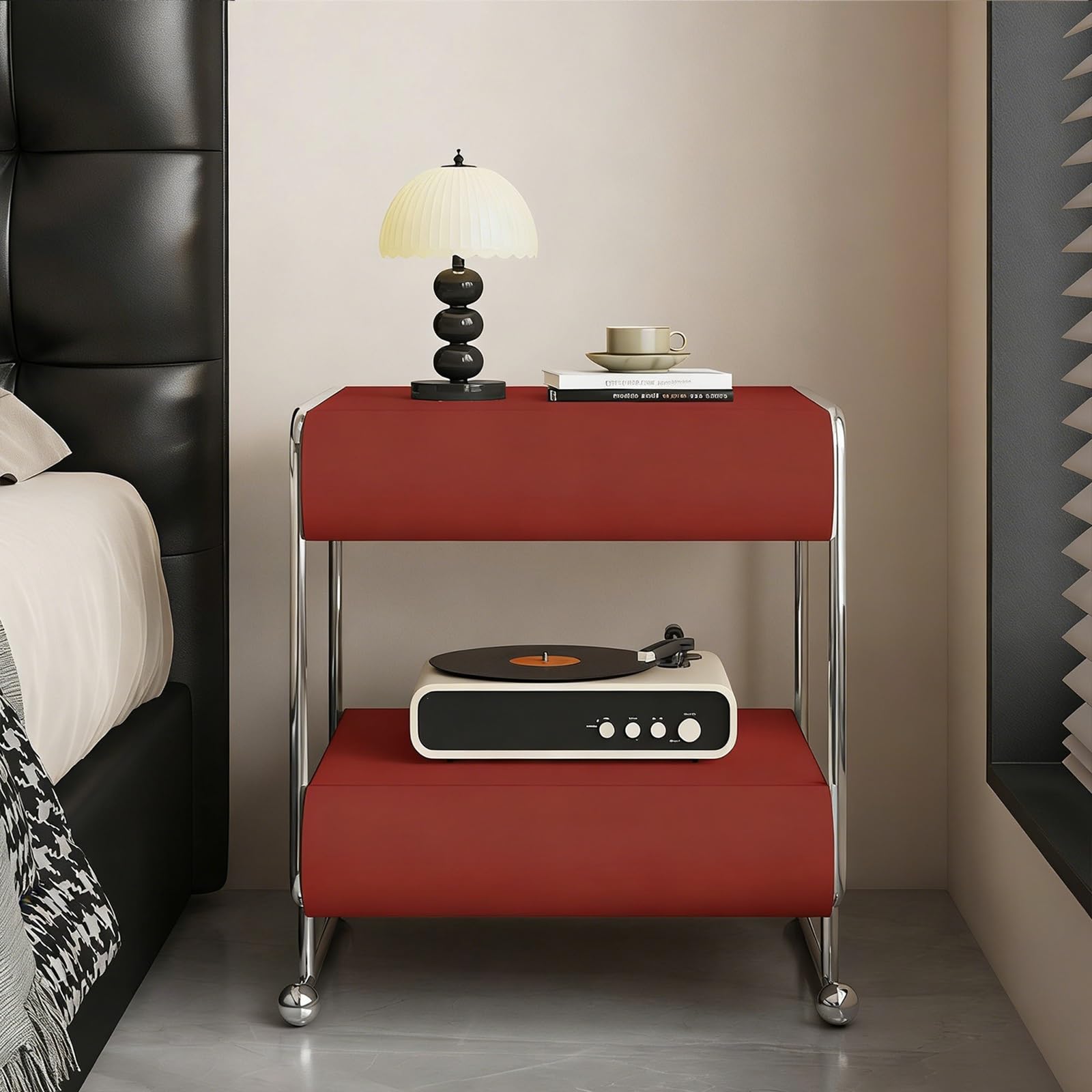 SXZenSpace Modern Nightstand with 2 Drawer and Open Shelf, Solid Wood Bedside Tables for Bedroom(Red,40x40x55cm)