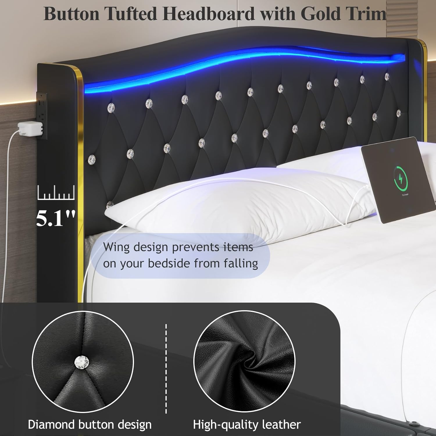 E-Motie Queen Bed Frame with Wingback Headboard, Upholstered Platform Bed with RGB LED Lights, Charging Station, 4 Storage Drawers & Metal Slat Support, No Box Spring Needed, Black