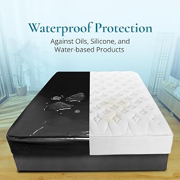 Waterproof Vinyl Mattress Protector King 72x80in, Black, 15.75in Pocket | 0.3mm premium vinyl fitted sheet. Flock-backed non-slip base, side pockets & D-rings. Wipe clean, waterproof