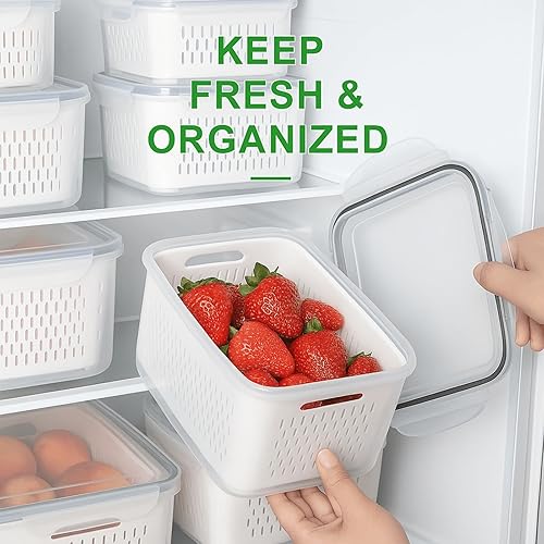 Miniatura 2 de Recipientes herméticos de almacenamiento para refrigerador con colador extraíble, caja de almacenamiento de alimentos con cesta de drenaje, aptos