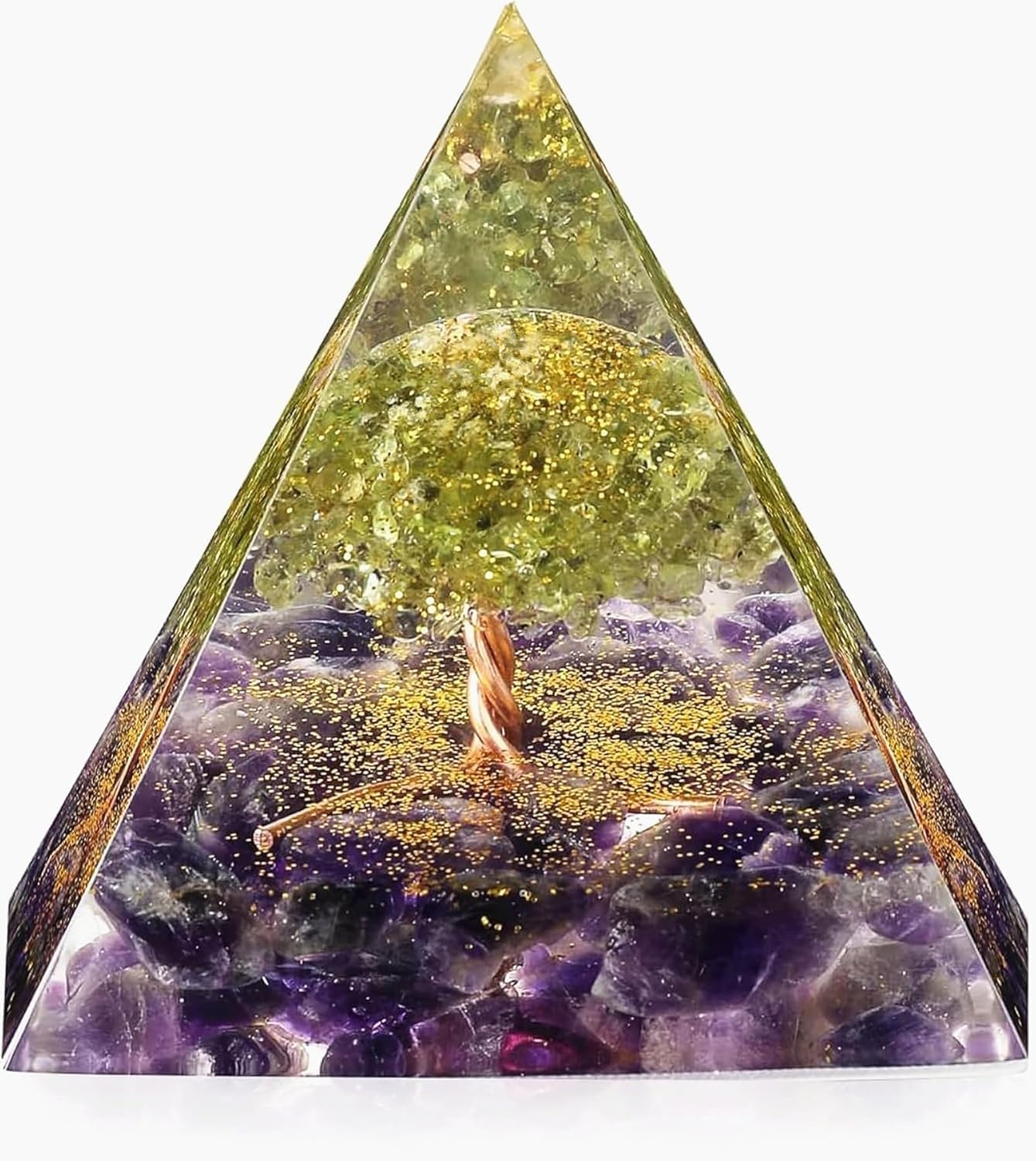 EternalOrgone 2.36inch Tree of Life Crystal Pyramid Peridot&Amethyst Energy Pyramide Reiki Healing Chakra Tower for Yoga, Meditation Protection, Decoration,Gifts