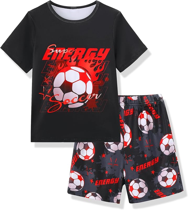 Boys Pajamas 2 Piece Soft Short Sleeve Summer Pj Set Stretchy Short Sleepwear for Big Kids Size 6-16 Years