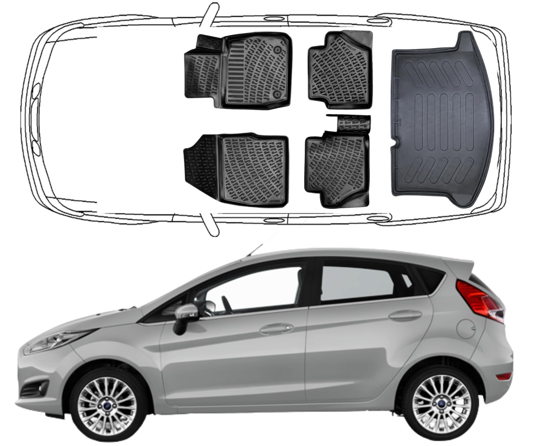 Rizline 3D Fussmatten & Kofferraumwanne für Ford Fiesta 2008-2017 | Gummimatten & Kofferraummatte aus TPE Gummi, Passgenau, Wasserdicht, Hoher Rand, Rutschfest, Leicht zu Reinigen