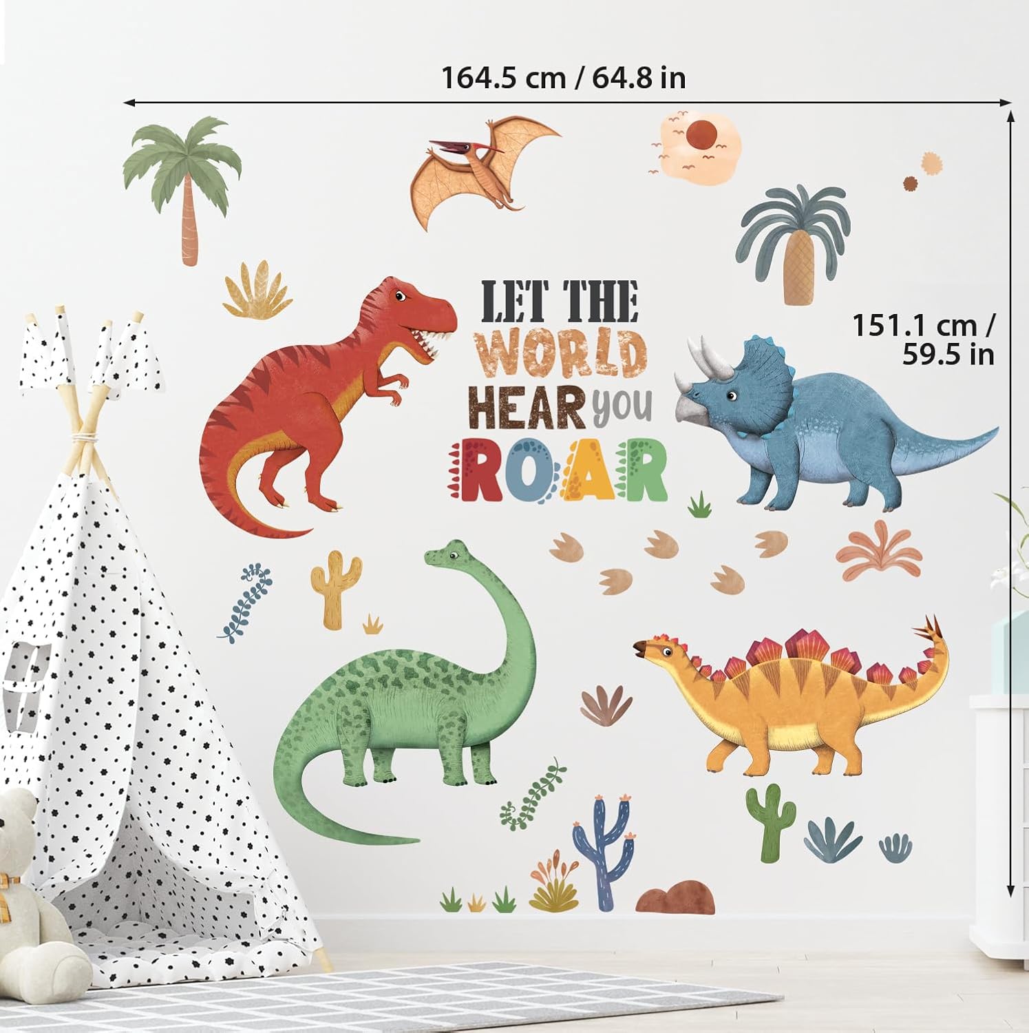 DECOWALL SG2-2425 Colorful 5 Dinosaurs Wall Decals Stickers Dino Palm Tree Baby Nursery Boys Room Bedroom Playroom Decor Gifts for Kids Boho Toddler Peel and Stick Wallpaper