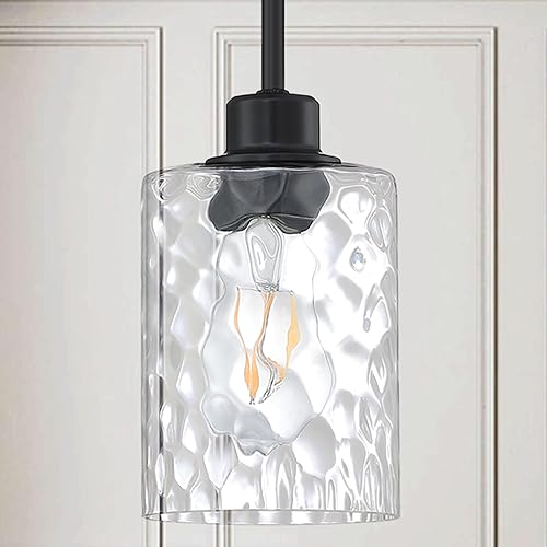 Miniatura 6 de Paquete de 3 lámparas colgantes de globo moderno con acabado negro, pantalla de cristal transparente con martillo transparente, altura ajustable,