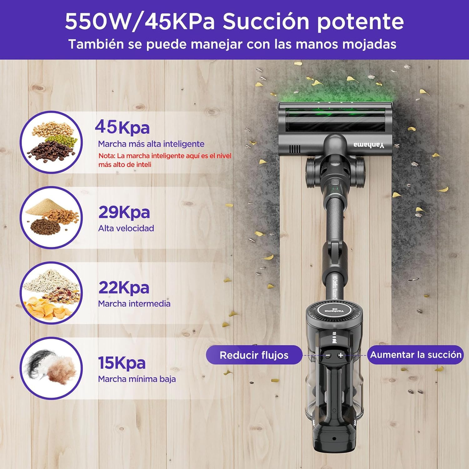 45Kpa/550W Aspiradora sin Cable,Aspiradora Escoba sin Cable con Batería Extraíble de 21.6V,60 min de Autonomía,Aspiradora Autocargable,Tubo Flexible,4 Programas,Luz Verde,1.5L (Negro)