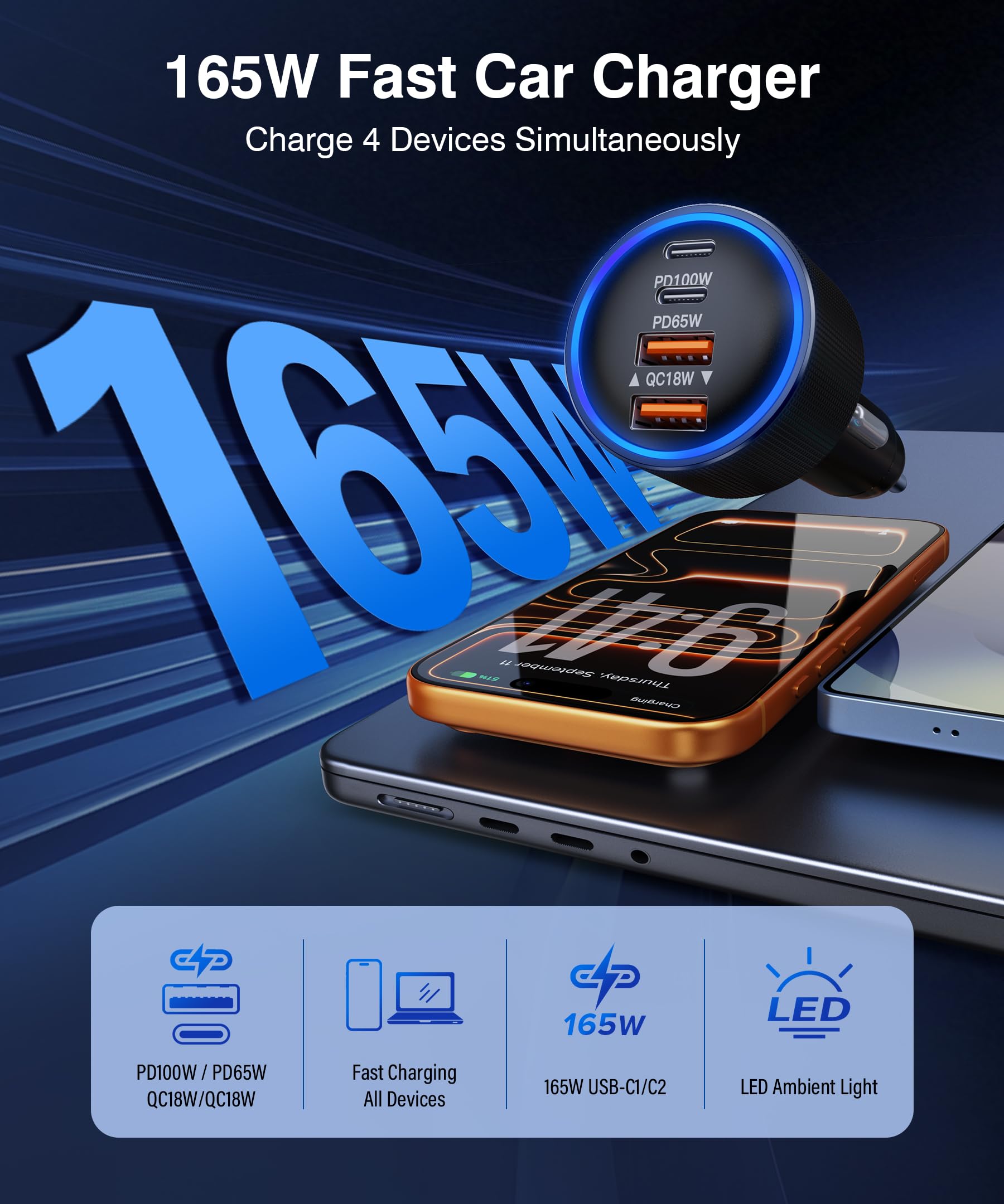 Caricabatteria da auto USB-C 4 in 1, adattatore per accendisigari a 4 porte super veloce, supporta la ricarica rapida PD/QC, compatibile con iPhone 17/16/15, iPad, Samsung Galaxy e altri dispositivi