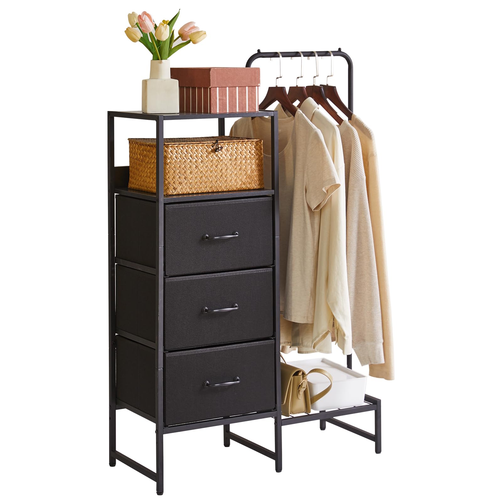 Aibiju Kommode mit Regalen und Kleiderstange, 3 Schubladen, Kleiner Kleiderbügel, wendbarer Kleiderständer für Flur, Eingangsbereich, Schlafzimmer, Wohnzimmer, Schwarz YD-TM081B