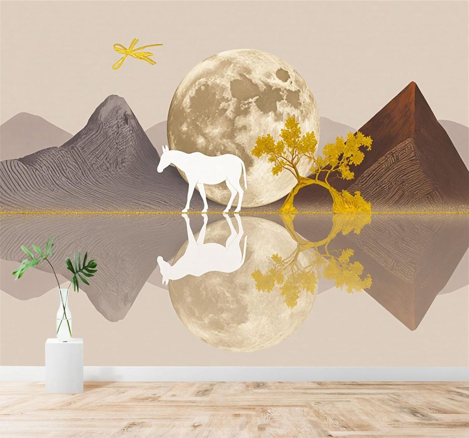 Tzxztt Golden Moon White Horse Mountains Trees Reflection Modern 3D Wallpaper Premium Textured Silk Neutral Tones Material Ideal for Living Room Bedroom-350cm×256cm