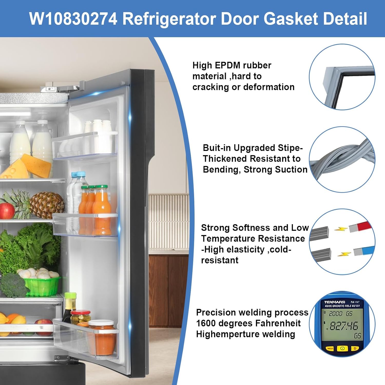 2 Pack Upgraded W10830274 Refrigerator Door Gasket Compatible with Whirlpool KitchenAid Maytag Jenn-Air Freezer Door Seal Replace W10294127, W10443273, 4454925,PS11759518,AP6027236