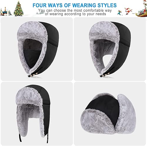 Vista 5 de POL PARKMAN Sombrero de trampero de invierno para hombres y mujeres, sombrero de aviador ruso Ushanka cálido frío para esquí, caza, negro, Negro