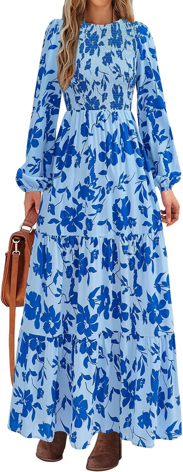 PRETTYGARDEN Women's Spring Dresses 2026 Long Sleeve Flowy Casual Floral Maxi Dress Crew Neck Smocked Tiered Long Dress
