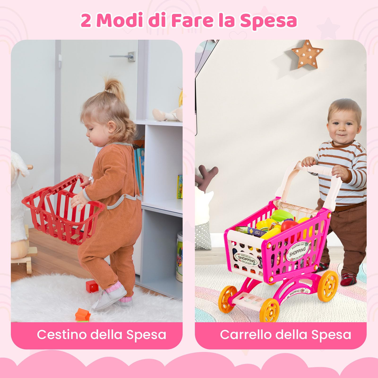RELAX4LIFE Supermercato per Bambini con Banco, Carrello della spesa e Cestino, Bilancia Simulata, Cassa con Effetti di Luce e Suono, Supermercato Giocattolo con 29 Accessori per Bambini 3+ Anni (ROSA)