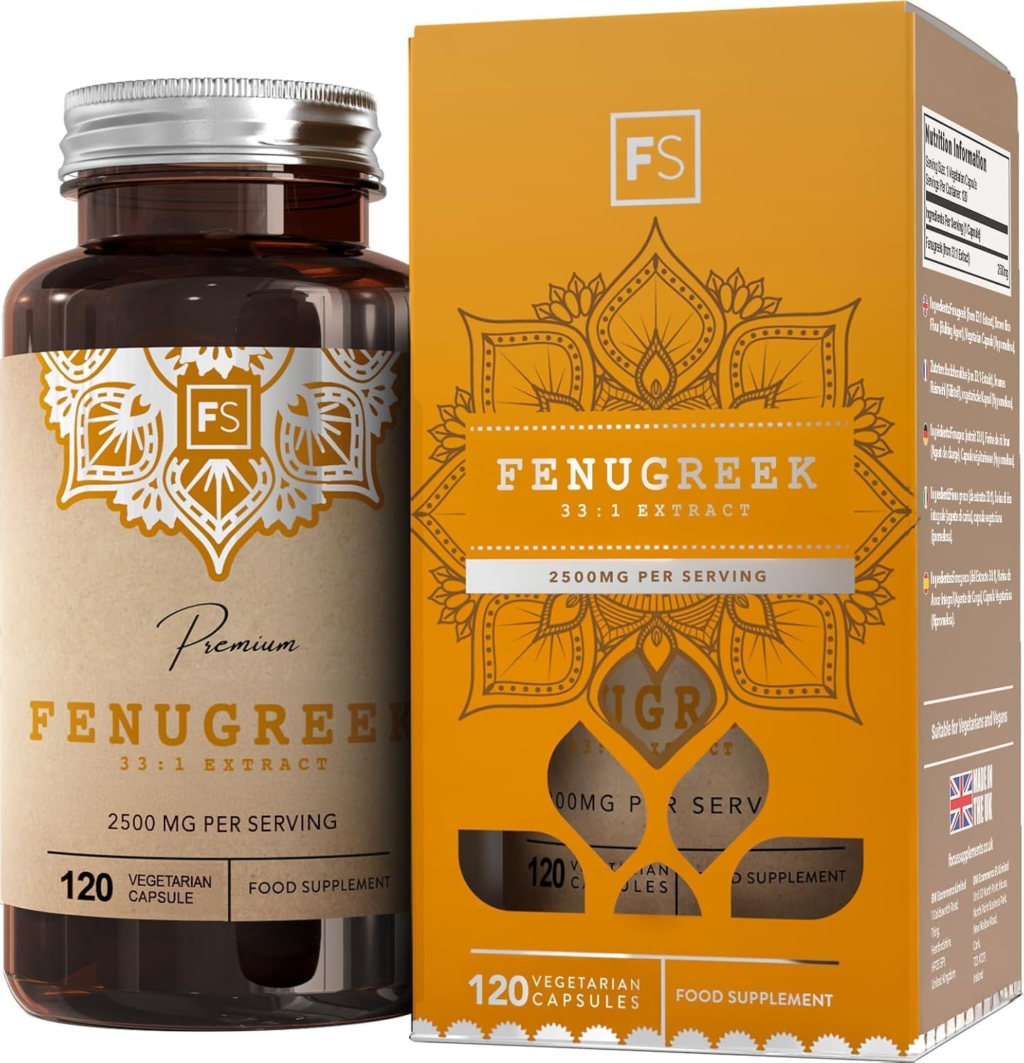 FS Fenugreek | 120 High Strength Fenugreek Capsules – 2500mg (from 33:1 Extract) per Serving | Fenagreek Supplement | Non-GMO, Gluten & Allergen Free | Made in The UK