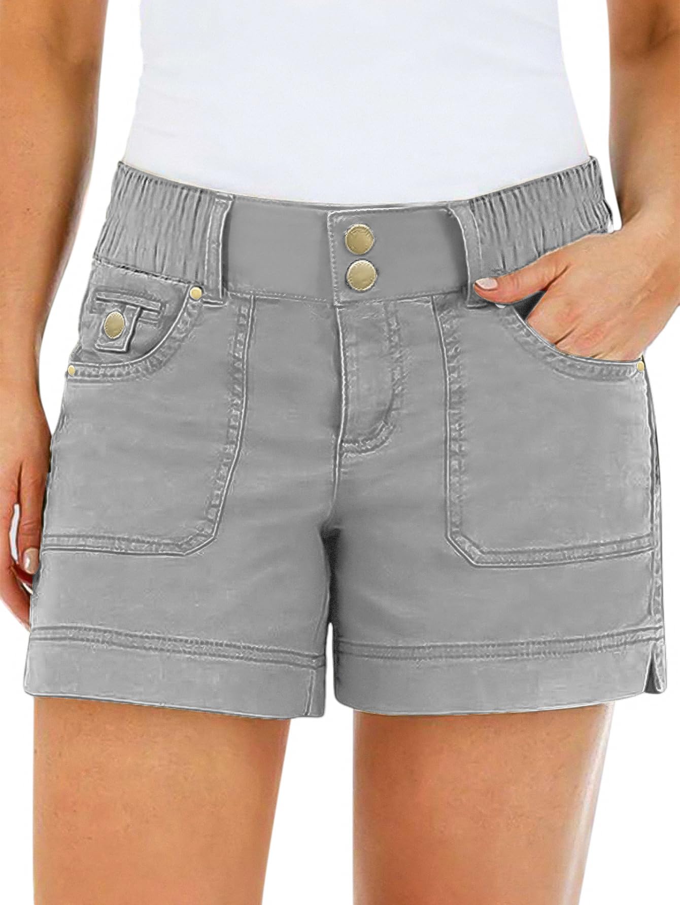 Flamingals Women's Mid Waist Solid Split Side Flap Pocket Casual Shorts