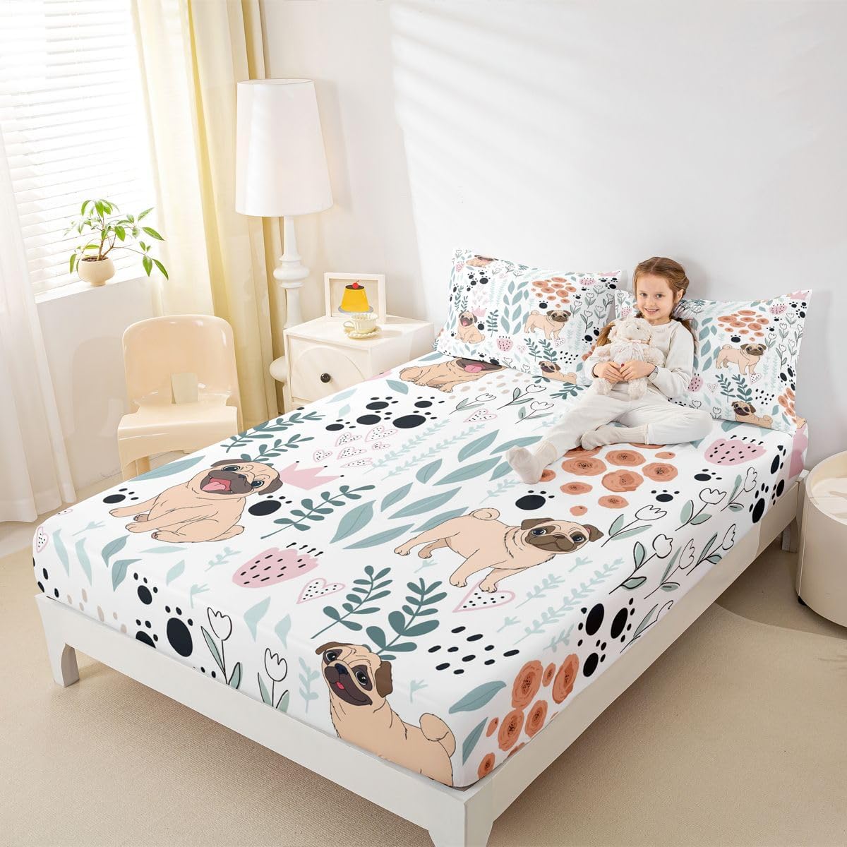 Erosebridal Kawaii Dog Sheet Set,Cartoon Pug Dog Bed Sheets Twin,Cute Love Heart Leaf Flower Bedding Set for Kids Girls Boys,Paw Print Pet Animals Fitted Sheet with 1 Pillow Case