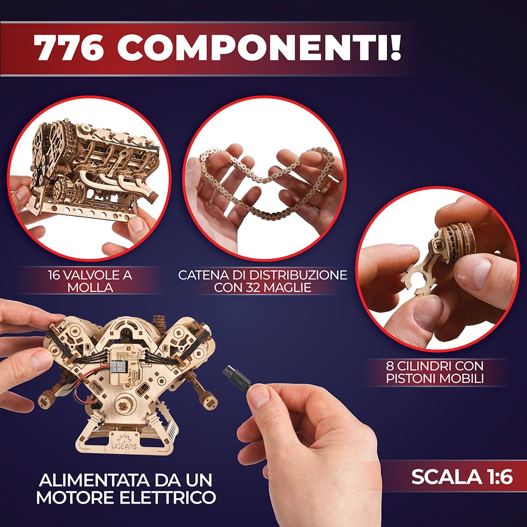 UGEARS V8 Engine Model Kit - Puzzle 3D Avanzato in Legno per Adulti - Kit Fai Da Te per Adulti Regalo per Ingegneri - Kit Modello Motore 3D per la Festa del Papà, Compleanni, Natale - 776 Pezzi