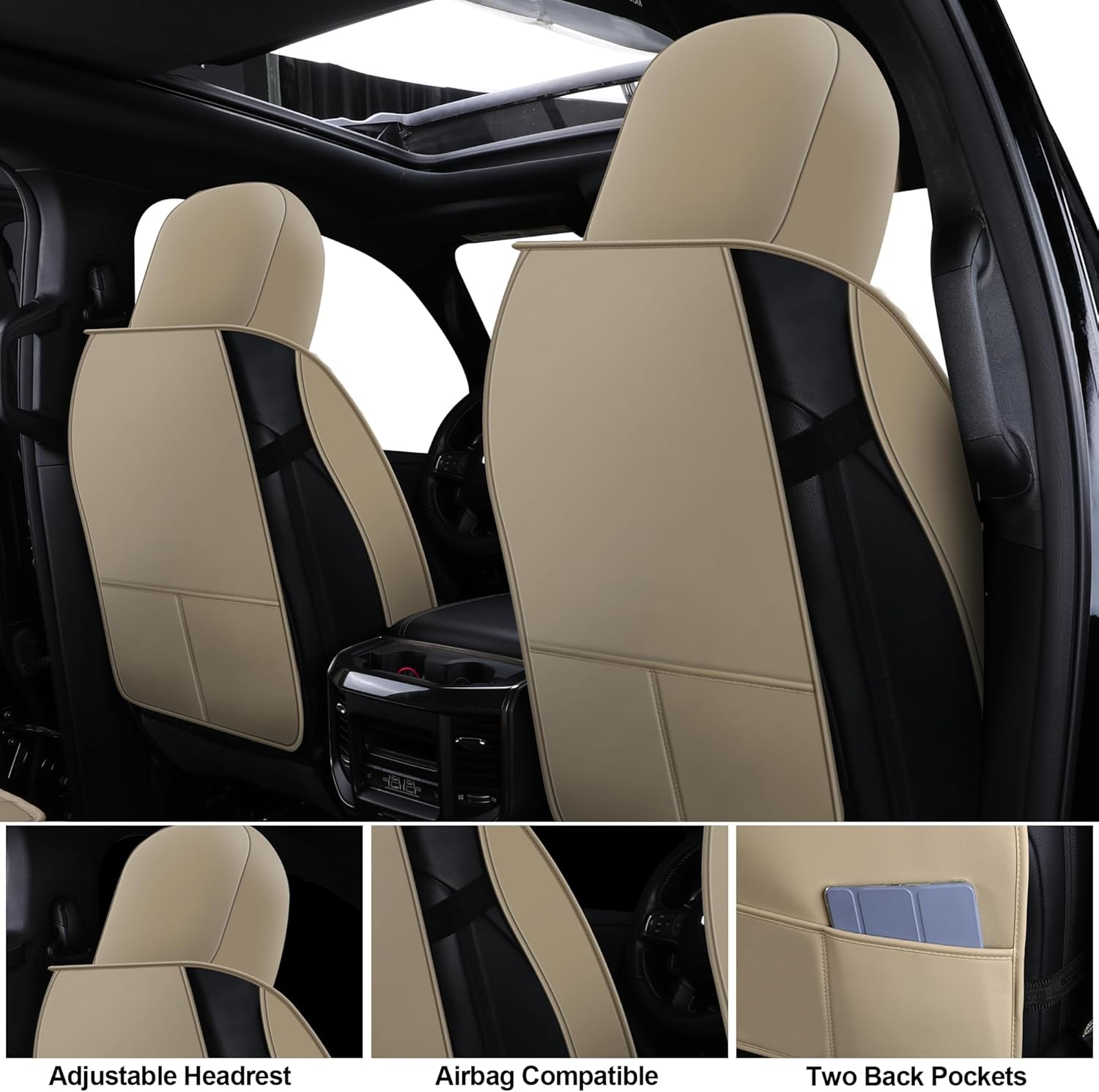 GXT Custom Fit Chevrolet Silverado Seat Covers, Front & Rear Waterproof Leather Car Seat Covers, Seat Cushion Protector Fit for Chevrolet Silverado 2007-2013, 2019-2023 (Beige)